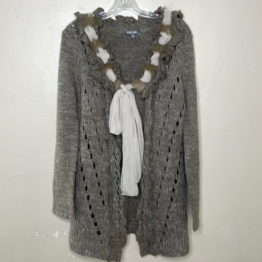 ROZ & ALI Cardigan Sweater Brown & Cream Duster WOOL Blend Fake Fur Collar Med
